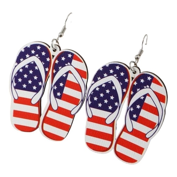 3 For $25 Patriotic Beach Style Classic Flip Flop Wooden Dangle Earrings - Picture 3 of 9